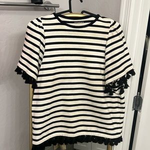 Kate Spade Size XS Broome Street Flutter Sleeve Tassel Stripe Top Black White